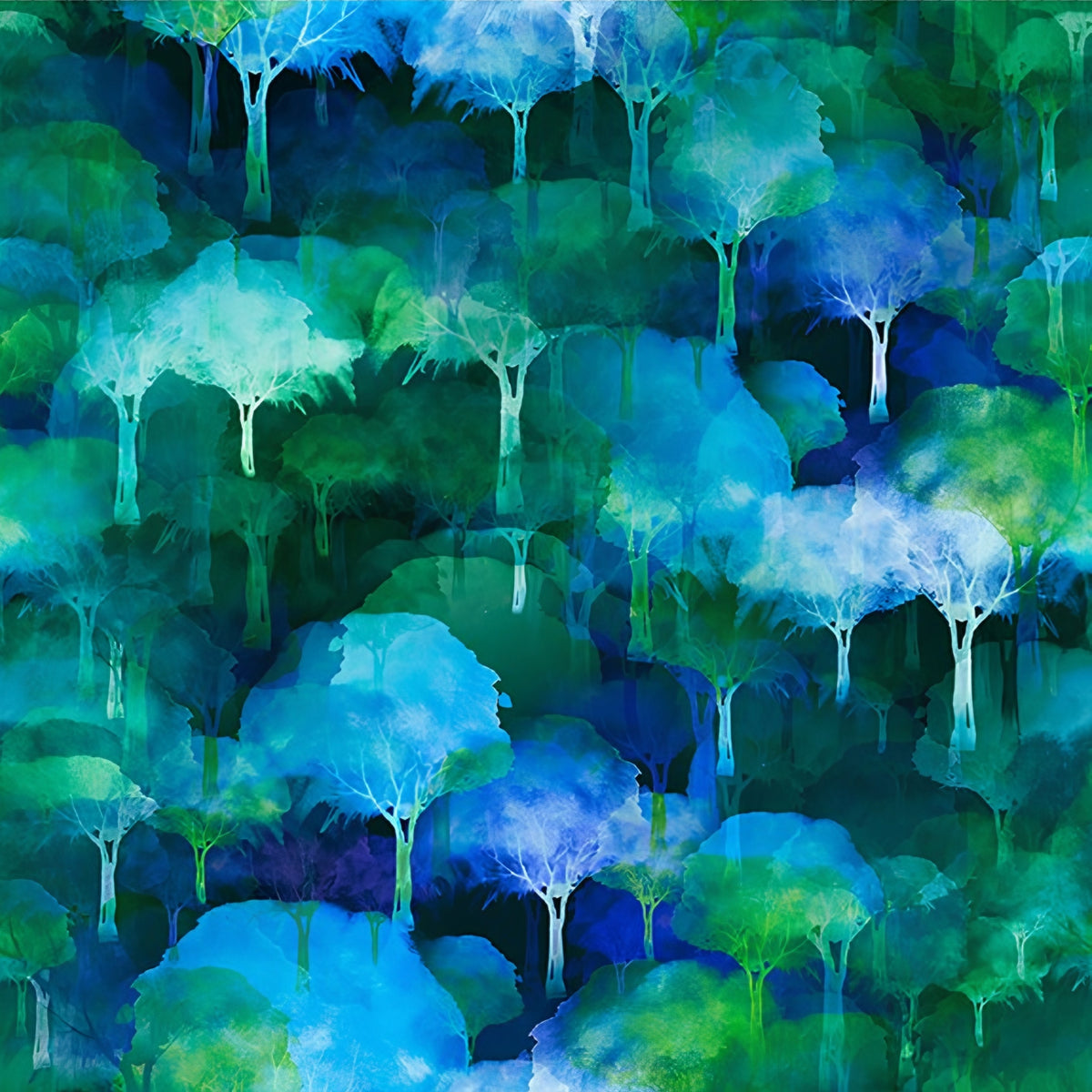 Watercolour forest overlapping trees electric teal cobalt blue emerald green white dripping paint effect digitally printed quilting fabric Jason Yenter In The Beginning Fabrics