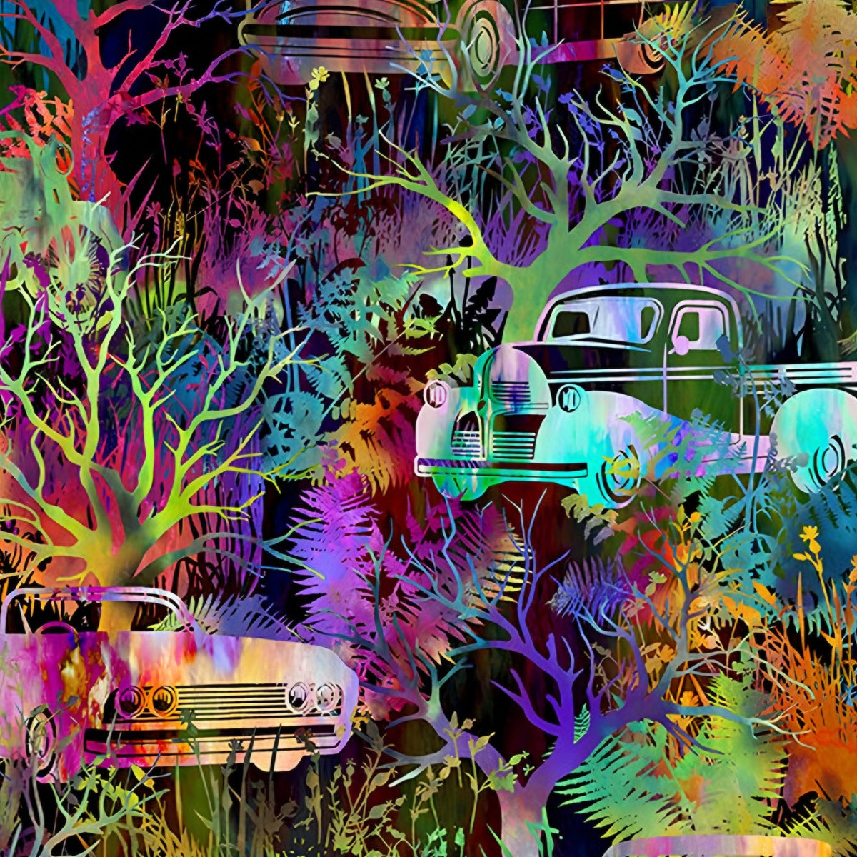 Vintage cars motorcycles engulfed rainbow jungle foliage bare trees ferns wildflowers magenta orange teal lime purple gold dark background digitally printed novelty quilting fabric Jason Yenter In The Beginning Fabrics