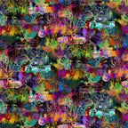 Vintage cars motorcycles engulfed rainbow jungle foliage bare trees ferns wildflowers magenta orange teal lime purple gold dark background digitally printed novelty quilting fabric Jason Yenter In The Beginning Fabrics