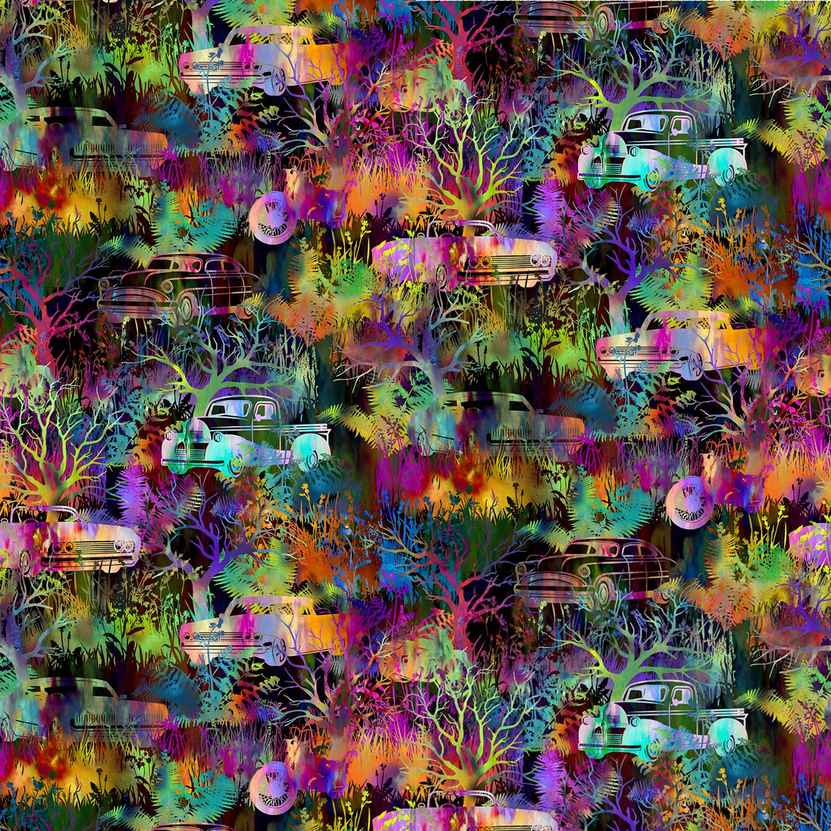 Vintage cars motorcycles engulfed rainbow jungle foliage bare trees ferns wildflowers magenta orange teal lime purple gold dark background digitally printed novelty quilting fabric Jason Yenter In The Beginning Fabrics