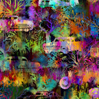Vintage cars motorcycles engulfed rainbow jungle foliage bare trees ferns wildflowers magenta orange teal lime purple gold dark background digitally printed novelty quilting fabric Jason Yenter In The Beginning Fabrics