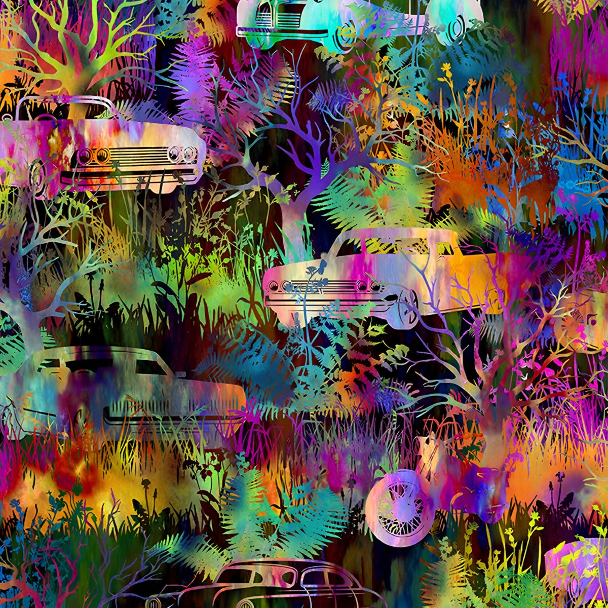 Vintage cars motorcycles engulfed rainbow jungle foliage bare trees ferns wildflowers magenta orange teal lime purple gold dark background digitally printed novelty quilting fabric Jason Yenter In The Beginning Fabrics