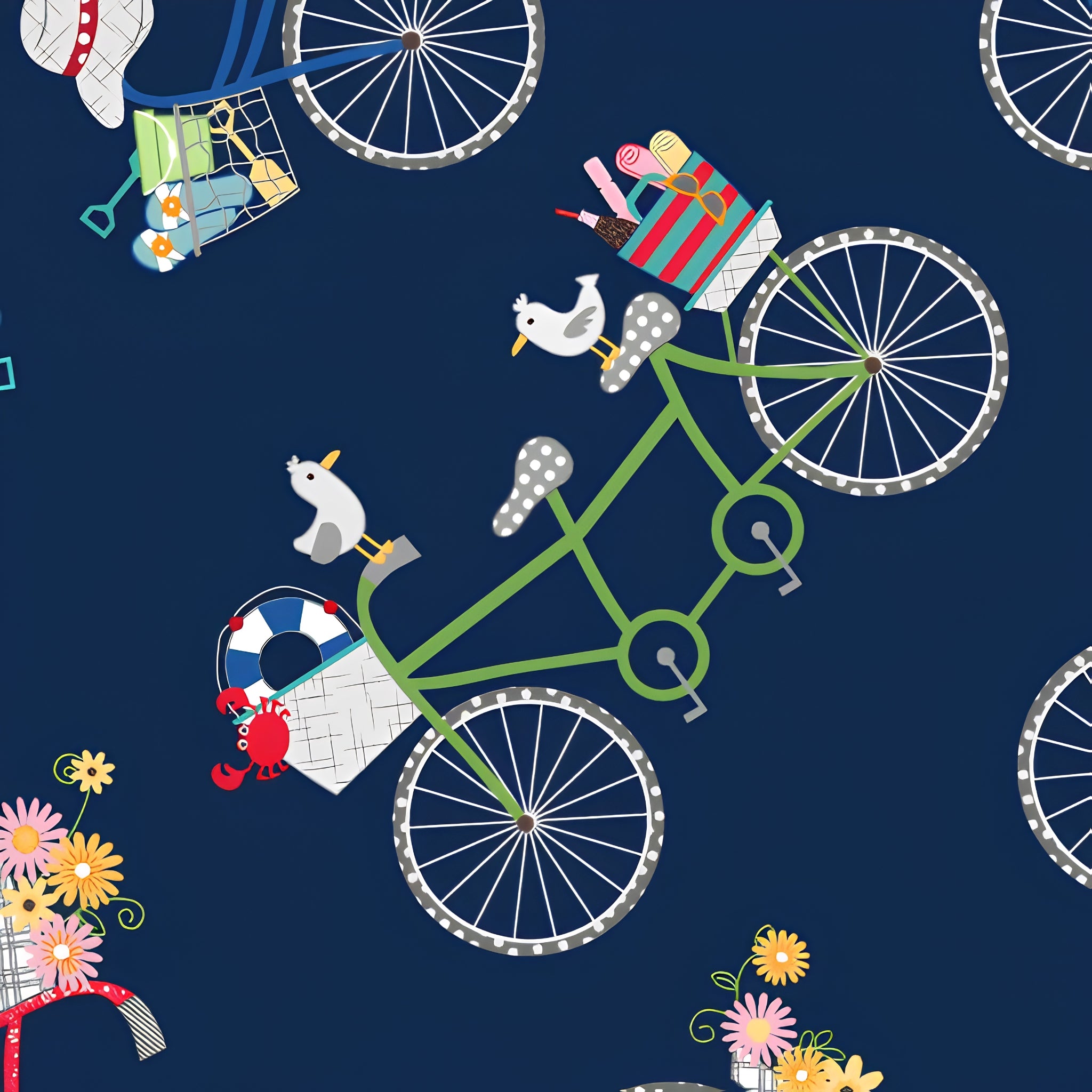 Vintage bicycles beach gear seagulls crabs life rings flowers navy blue novelty quilting fabric coastal quilts summer patchwork projects