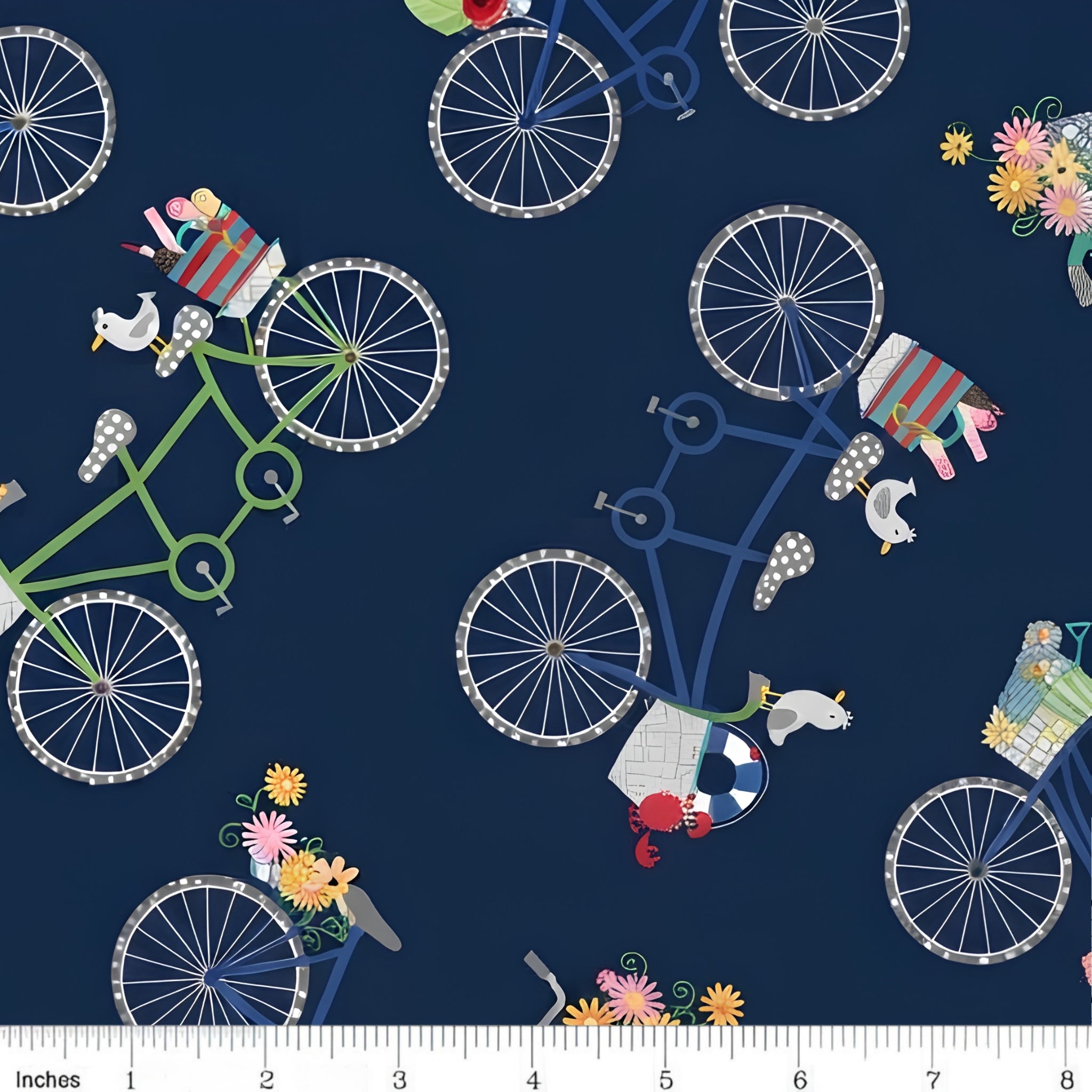 Vintage bicycles beach gear seagulls crabs life rings flowers navy blue novelty quilting fabric coastal quilts summer patchwork projects