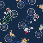 Vintage bicycles beach gear seagulls crabs life rings flowers navy blue novelty quilting fabric coastal quilts summer patchwork projects