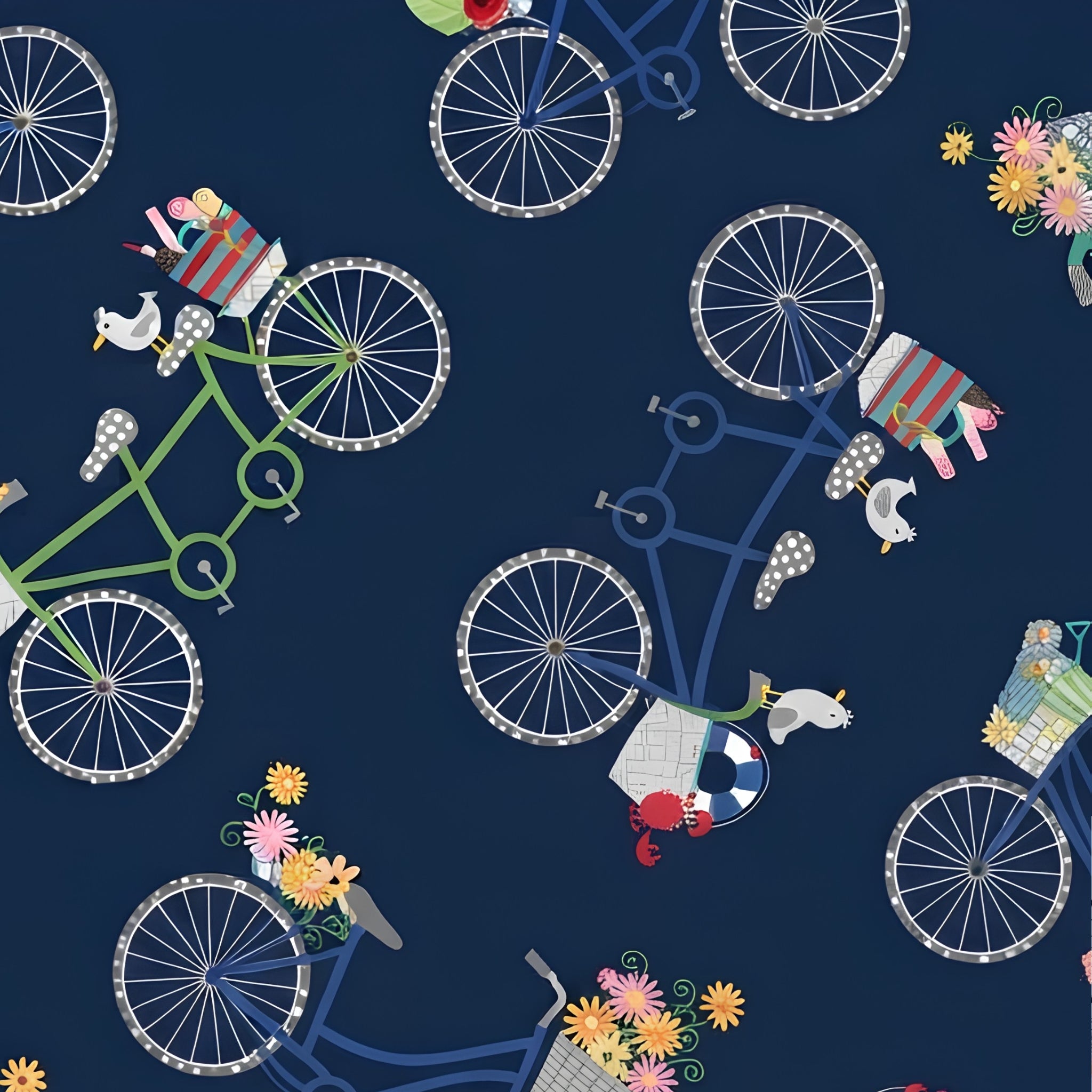 Vintage bicycles beach gear seagulls crabs life rings flowers navy blue novelty quilting fabric coastal quilts summer patchwork projects