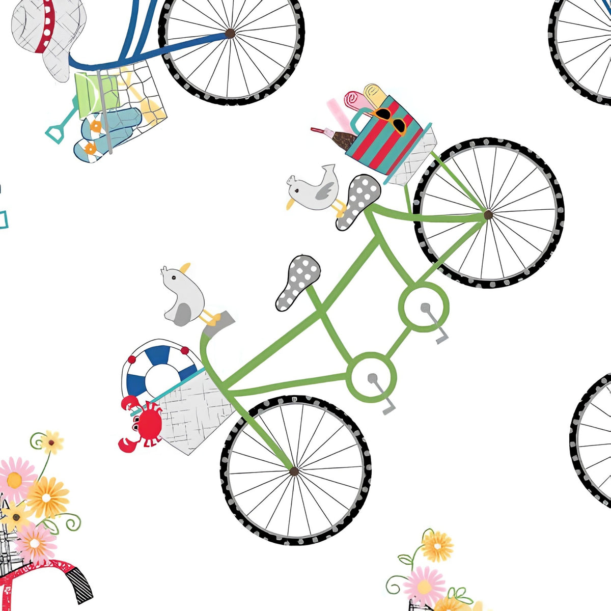 Vintage bicycles beach gear seagulls crabs life rings flowers white novelty quilting fabric coastal quilts summer patchwork projects