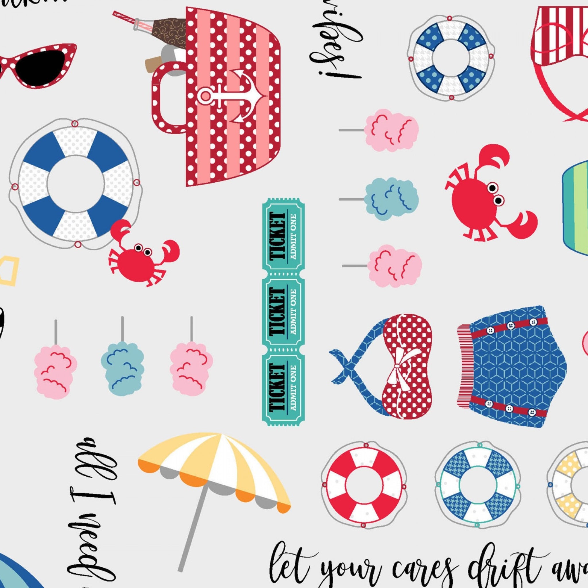 Vintage beach icons bicycles swimsuits sunglasses crabs life rings script phrases light grey novelty quilting fabric coastal quilts summer patchwork projects