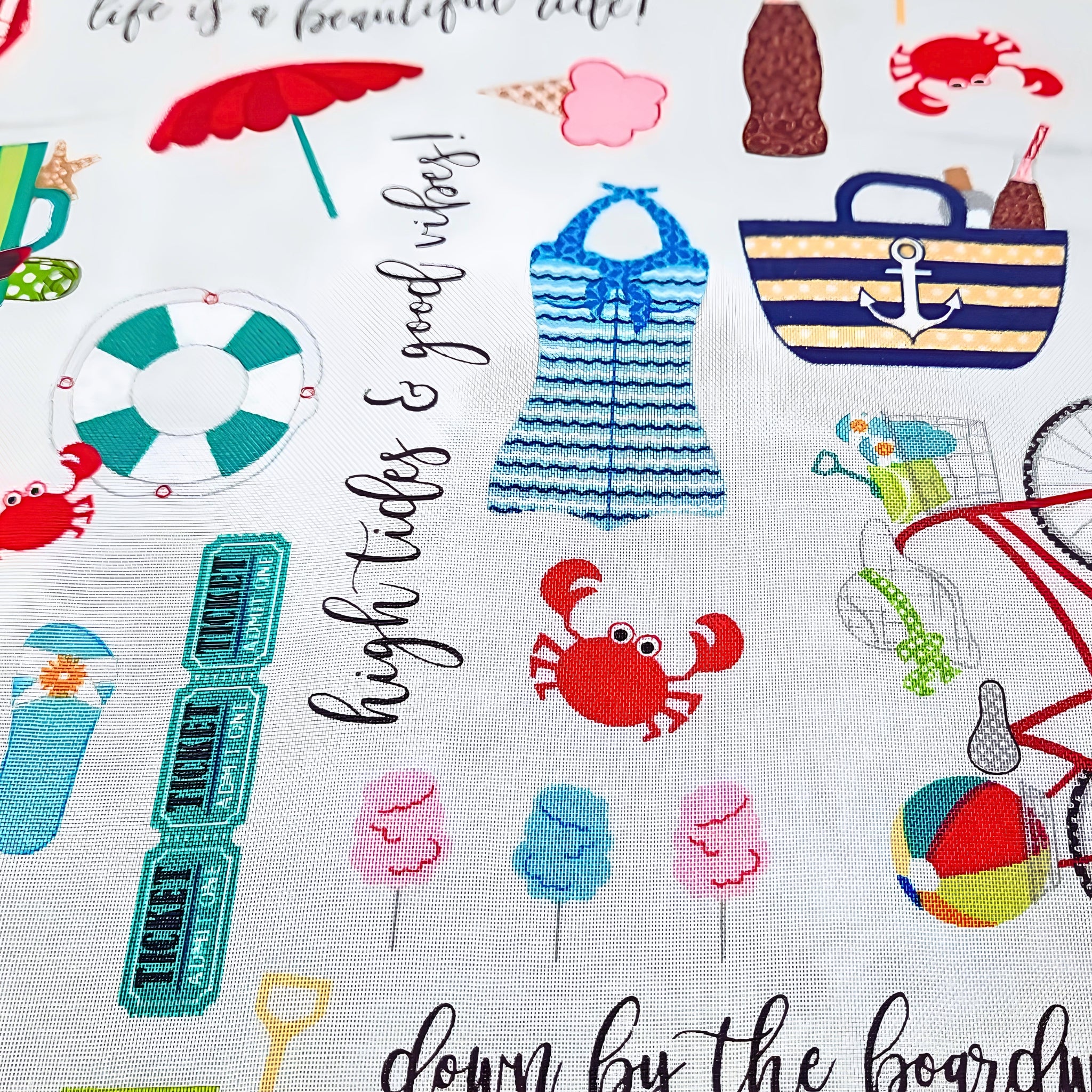 Vintage beach icons bicycles swimsuits sunglasses crabs life rings script phrases light grey novelty quilting fabric coastal quilts summer patchwork projects