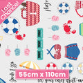 Vintage beach icons bicycles swimsuits sunglasses crabs life rings script phrases light grey novelty quilting fabric coastal quilts summer patchwork projects