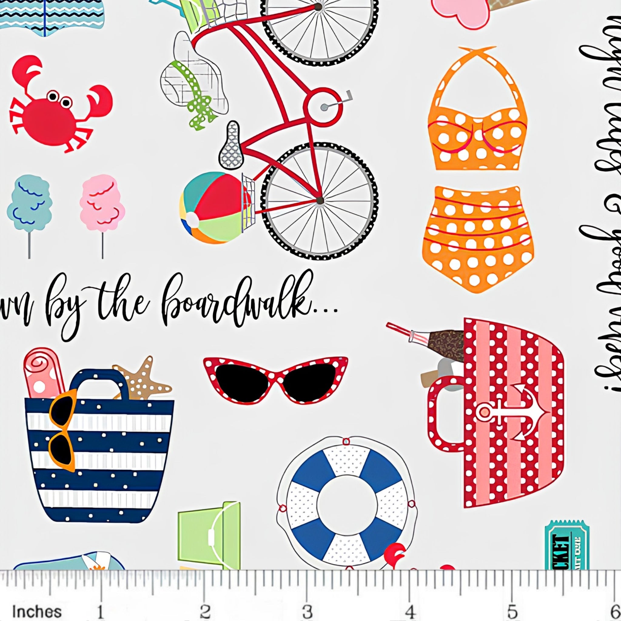 Vintage beach icons bicycles swimsuits sunglasses crabs life rings script phrases light grey novelty quilting fabric coastal quilts summer patchwork projects