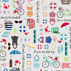 Vintage beach icons bicycles swimsuits sunglasses crabs life rings script phrases light grey novelty quilting fabric coastal quilts summer patchwork projects