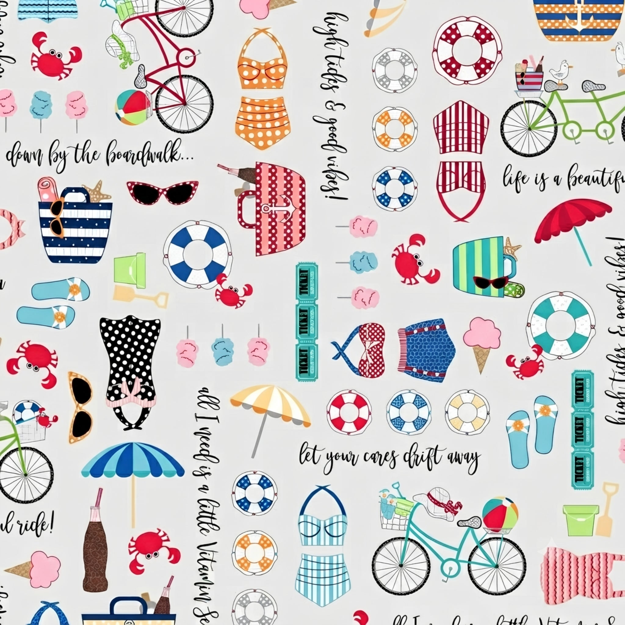Vintage beach icons bicycles swimsuits sunglasses crabs life rings script phrases light grey novelty quilting fabric coastal quilts summer patchwork projects