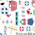Vintage beach icons bicycles swimsuits sunglasses crabs life rings script phrases white novelty quilting fabric coastal quilts summer patchwork projects