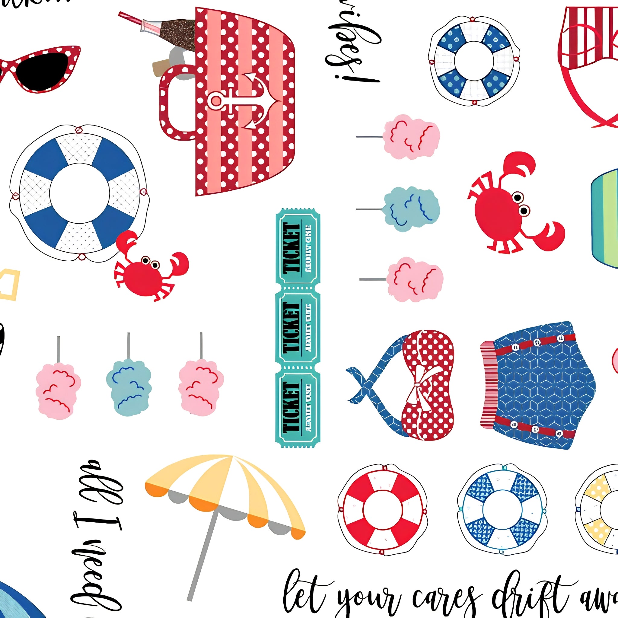 Vintage beach icons bicycles swimsuits sunglasses crabs life rings script phrases white novelty quilting fabric coastal quilts summer patchwork projects