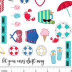Vintage beach icons bicycles swimsuits sunglasses crabs life rings script phrases white novelty quilting fabric coastal quilts summer patchwork projects