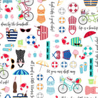 Vintage beach icons bicycles swimsuits sunglasses crabs life rings script phrases white novelty quilting fabric coastal quilts summer patchwork projects
