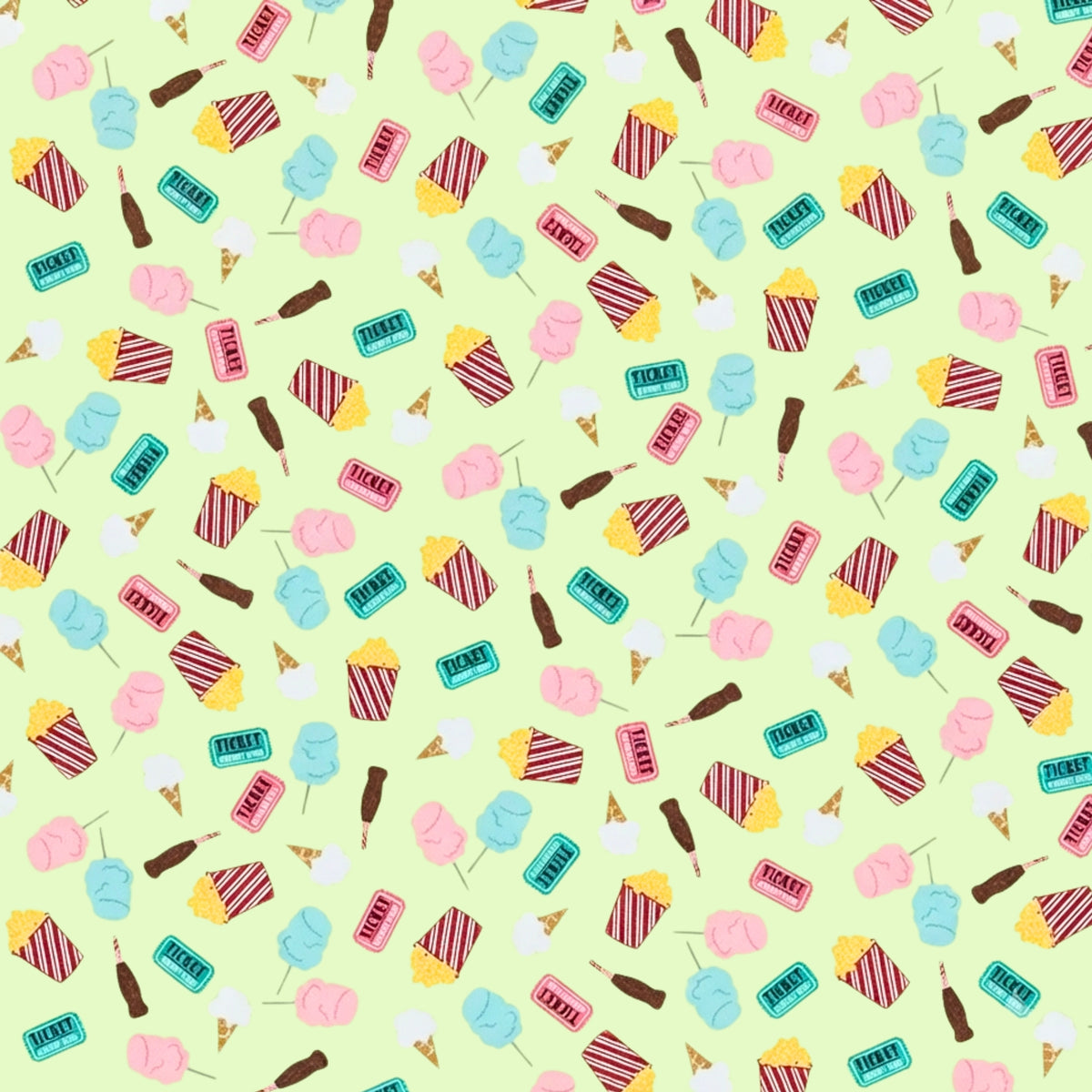 Cotton candy popcorn ice cream cones carnival tickets lime green novelty quilting fabric kids quilts summer patchwork projects