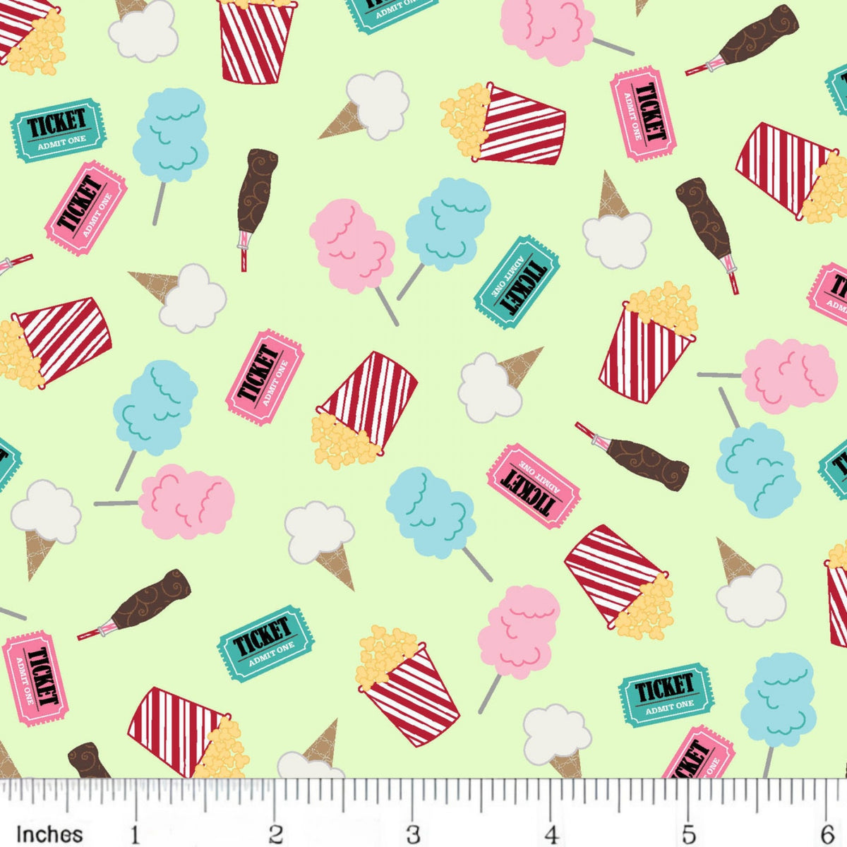 Cotton candy popcorn ice cream cones carnival tickets lime green novelty quilting fabric kids quilts summer patchwork projects