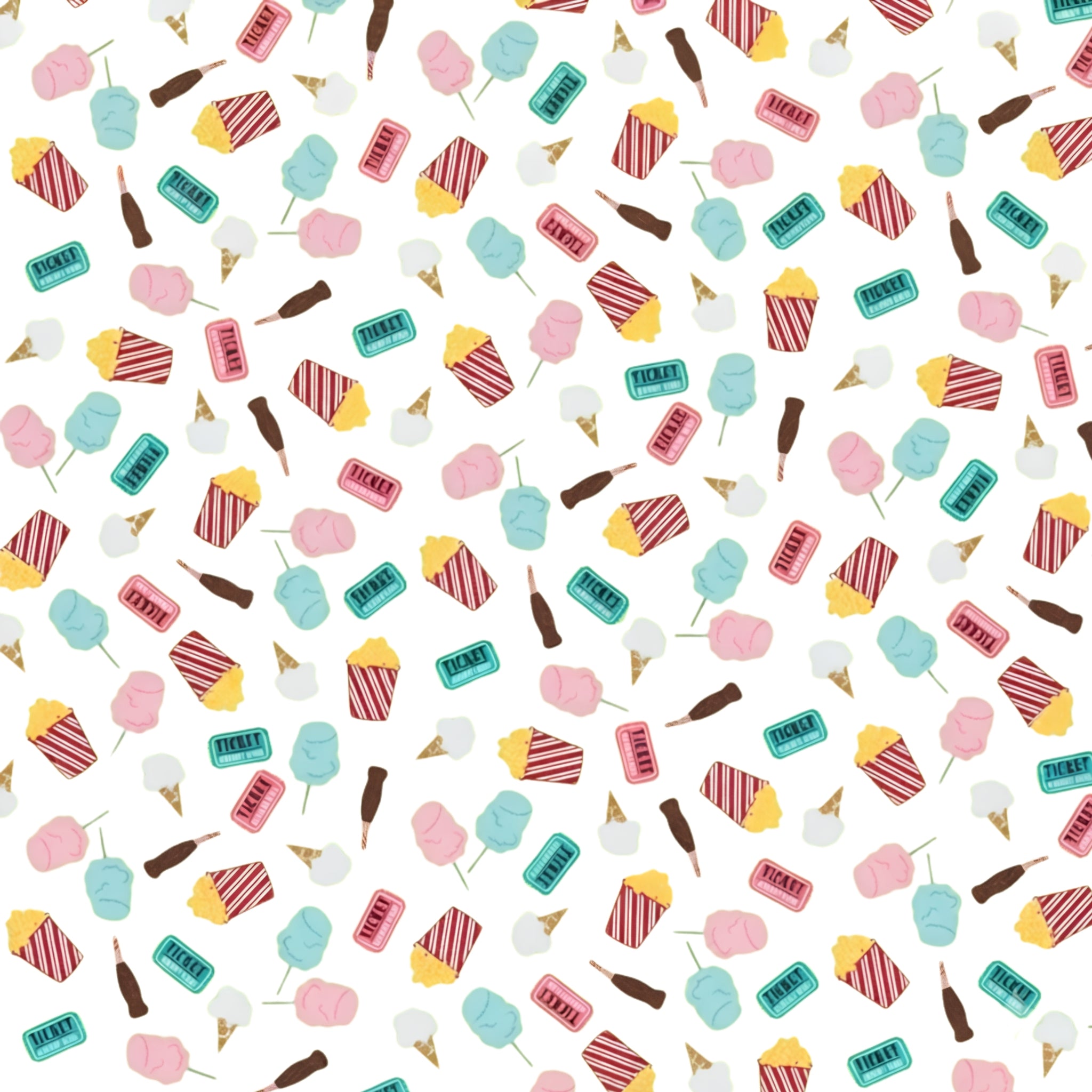 Cotton candy popcorn ice cream cones carnival tickets white novelty quilting fabric kids quilts summer patchwork projects