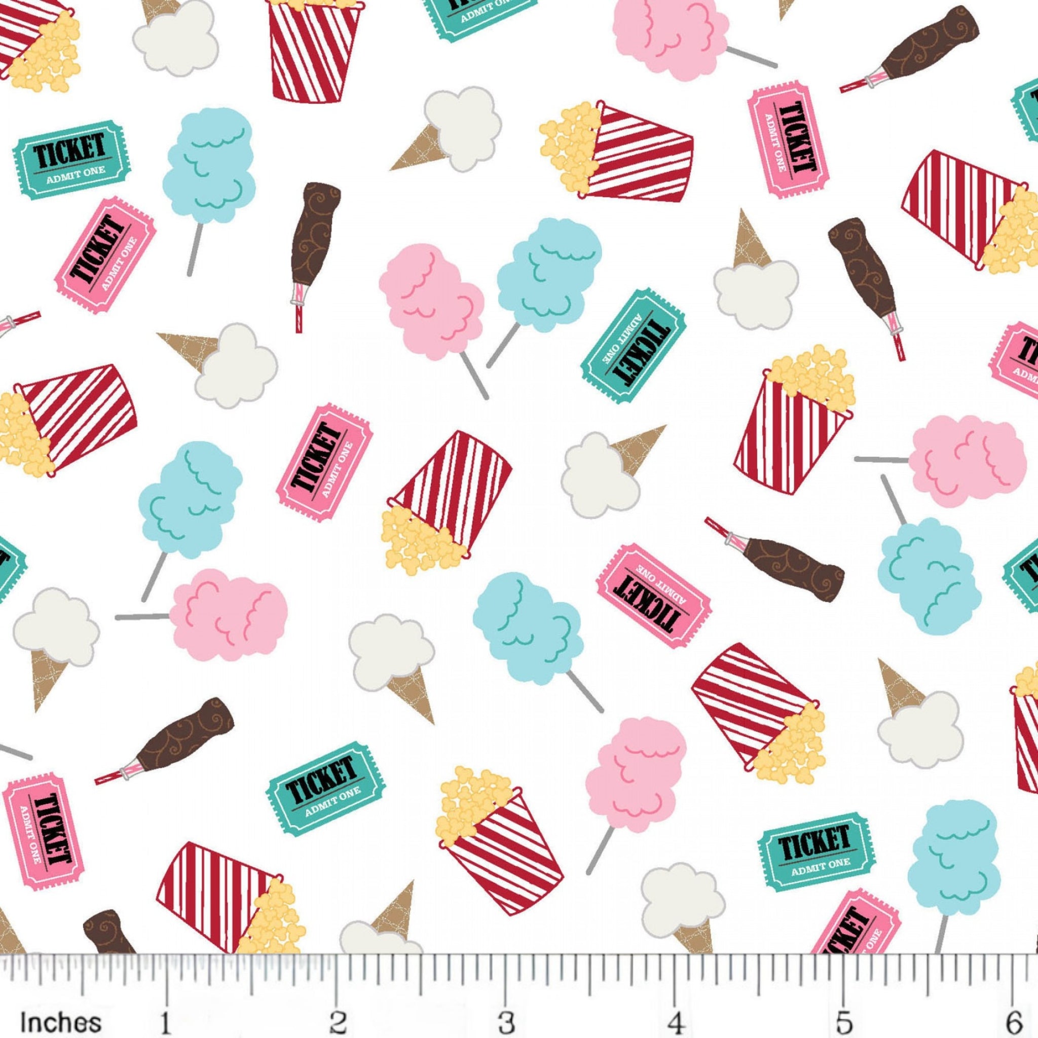 Cotton candy popcorn ice cream cones carnival tickets white novelty quilting fabric kids quilts summer patchwork projects