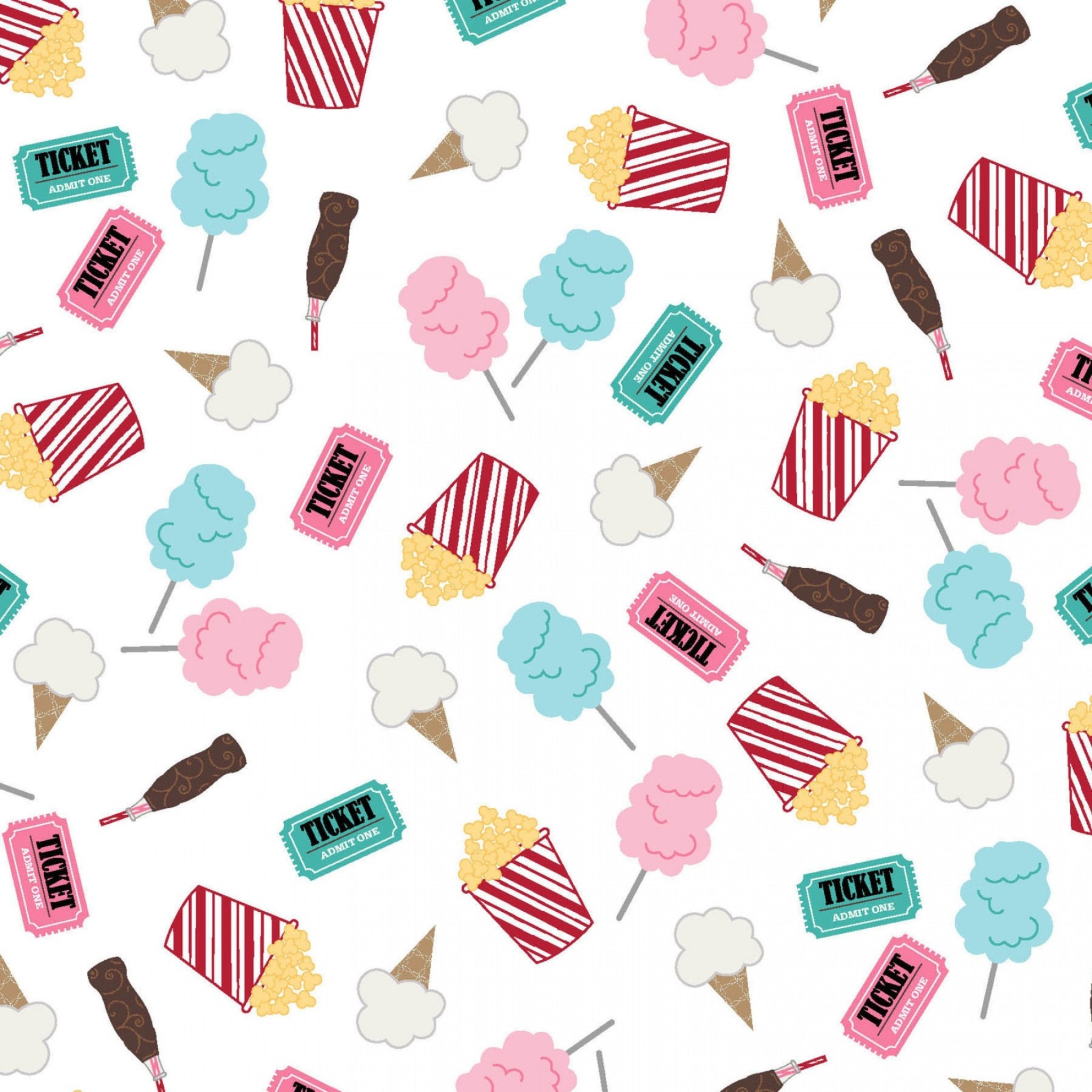 Cotton candy popcorn ice cream cones carnival tickets white novelty quilting fabric kids quilts summer patchwork projects