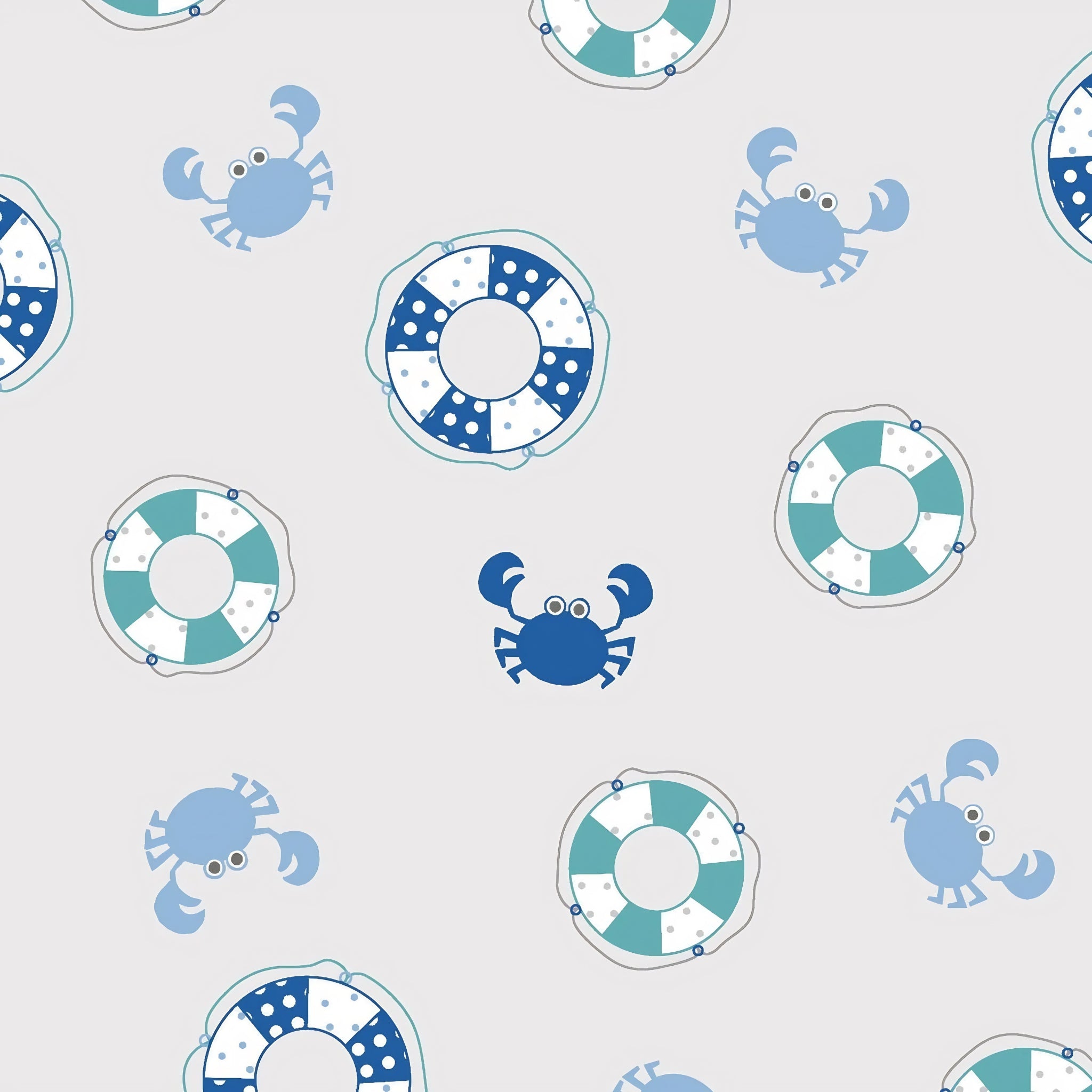 Patchwork life rings cute crabs blue teal grey novelty quilting fabric beach quilts kids coastal patchwork projects