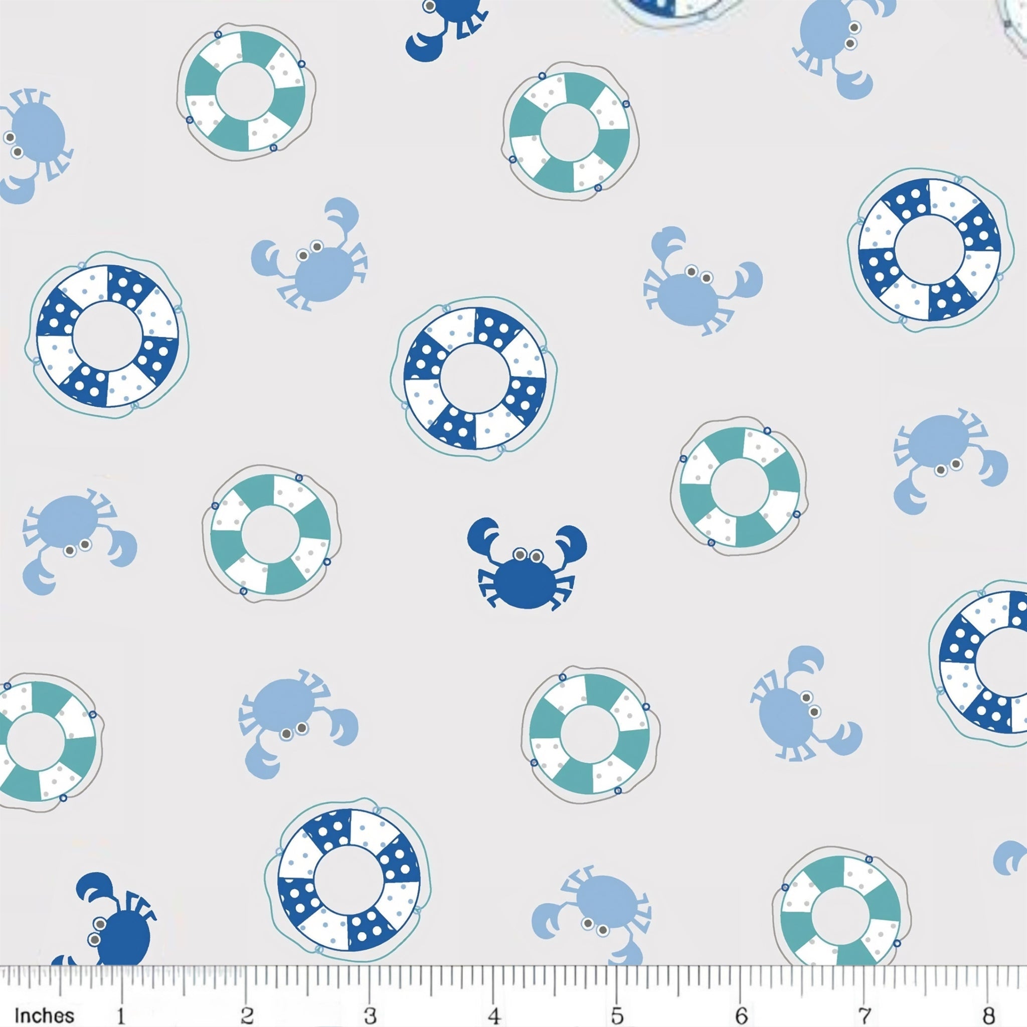 Patchwork life rings cute crabs blue teal grey novelty quilting fabric beach quilts kids coastal patchwork projects