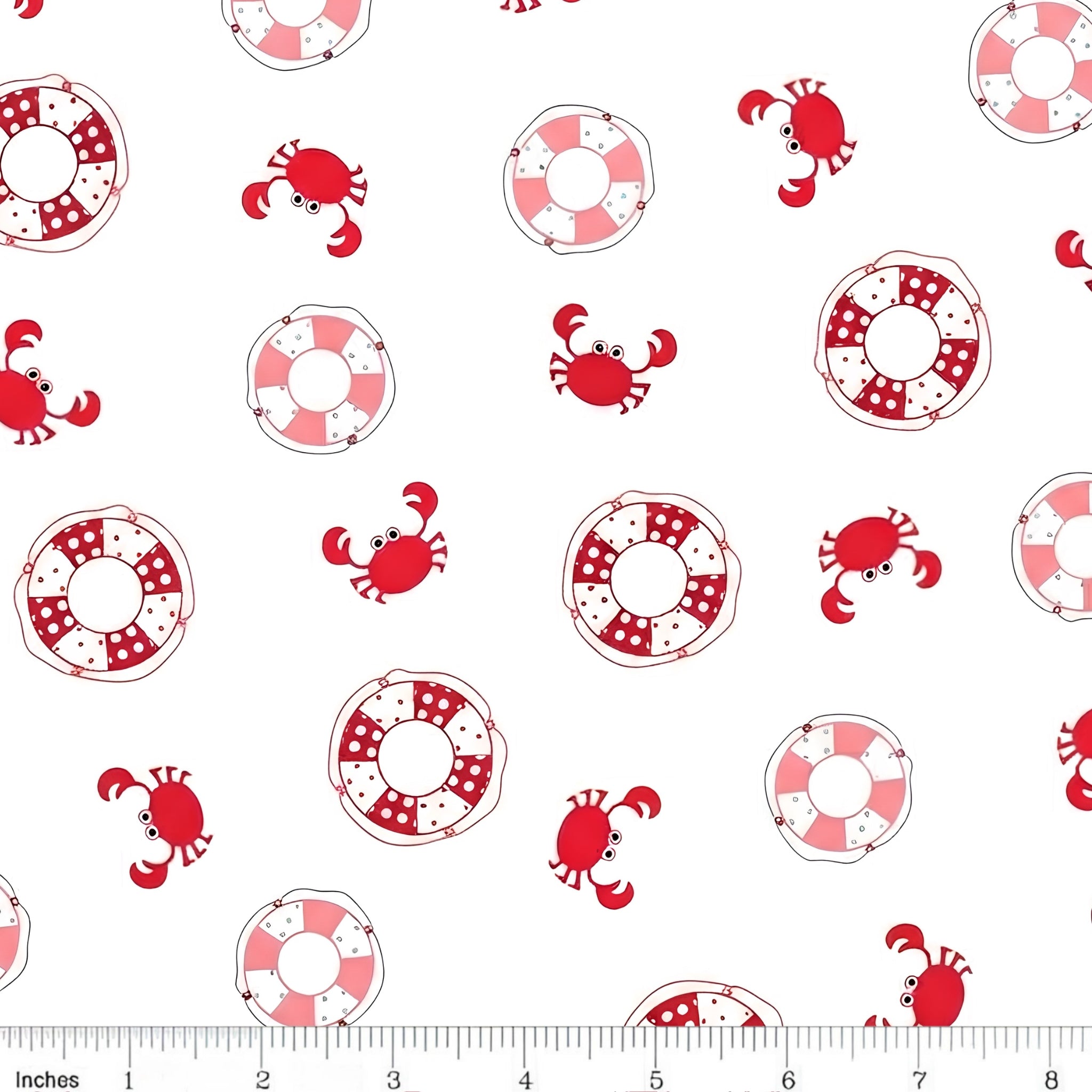 Patchwork life rings cute crabs red white novelty quilting fabric beach quilts kids coastal patchwork projects