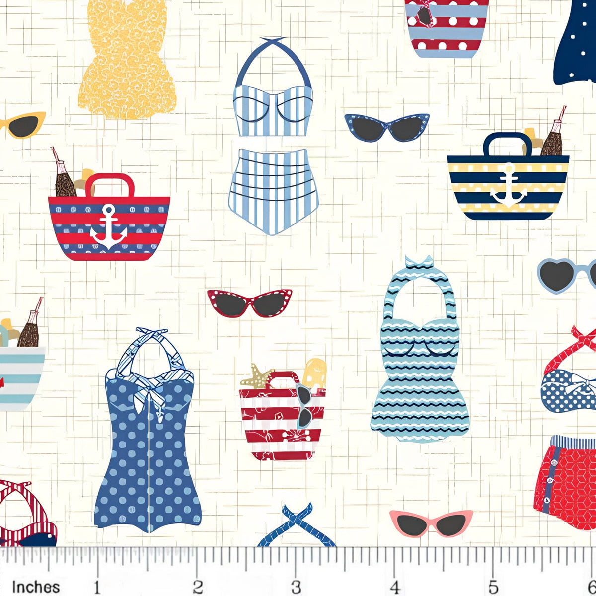 Retro swimsuits cat-eye sunglasses anchor beach bags navy red blue ecru novelty quilting fabric coastal quilts summer patchwork projects