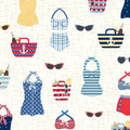 Retro swimsuits cat-eye sunglasses anchor beach bags navy red blue ecru novelty quilting fabric coastal quilts summer patchwork projects
