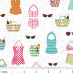 Retro swimsuits cat-eye sunglasses anchor beach bags pink green orange white novelty quilting fabric coastal quilts summer patchwork projects