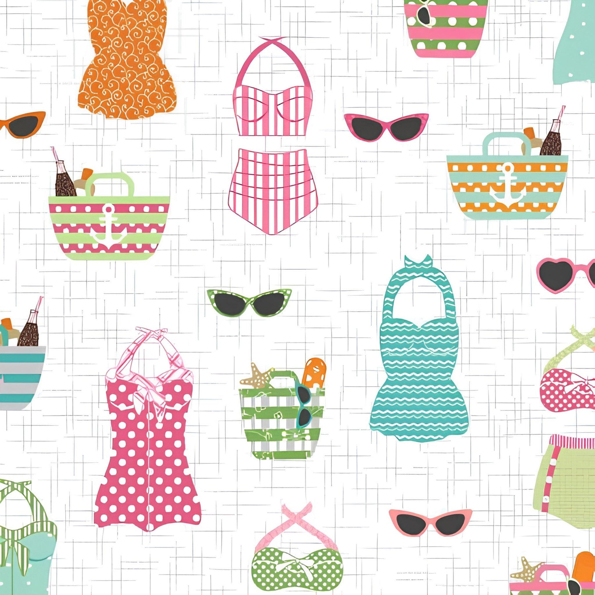 Retro swimsuits cat-eye sunglasses anchor beach bags pink green orange white novelty quilting fabric coastal quilts summer patchwork projects