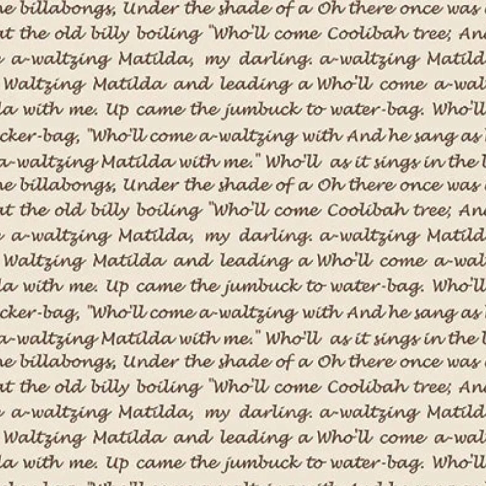 Waltzing Matilda lyrics sepia-brown script cream fabric for Australian-themed quilts and heritage patchwork projects