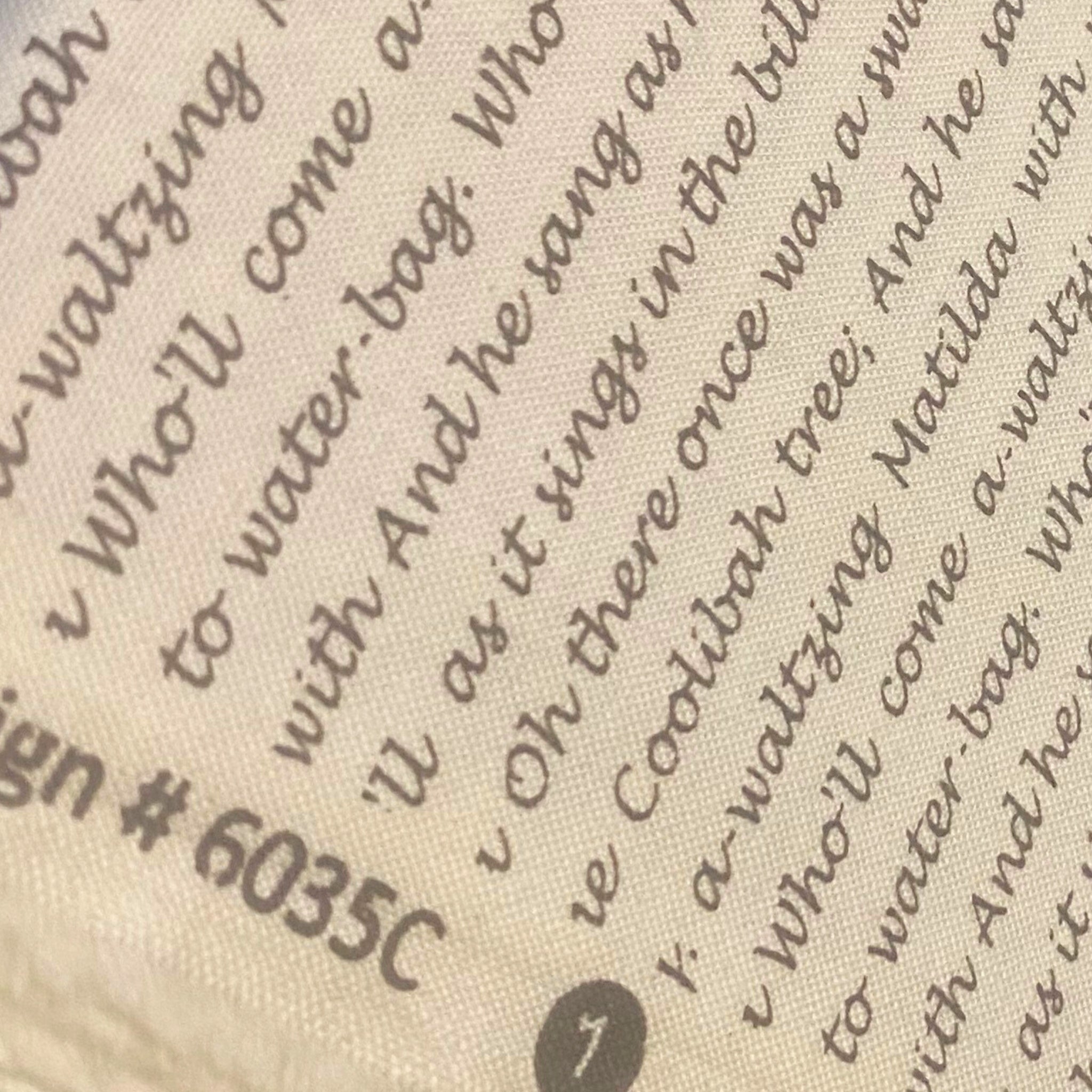 Waltzing Matilda lyrics sepia-brown script cream fabric for Australian-themed quilts and heritage patchwork projects