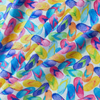 Watercolour flip flops tossed pink yellow blue purple orange green light aqua fabric draped detail novelty beach quilts tote bags