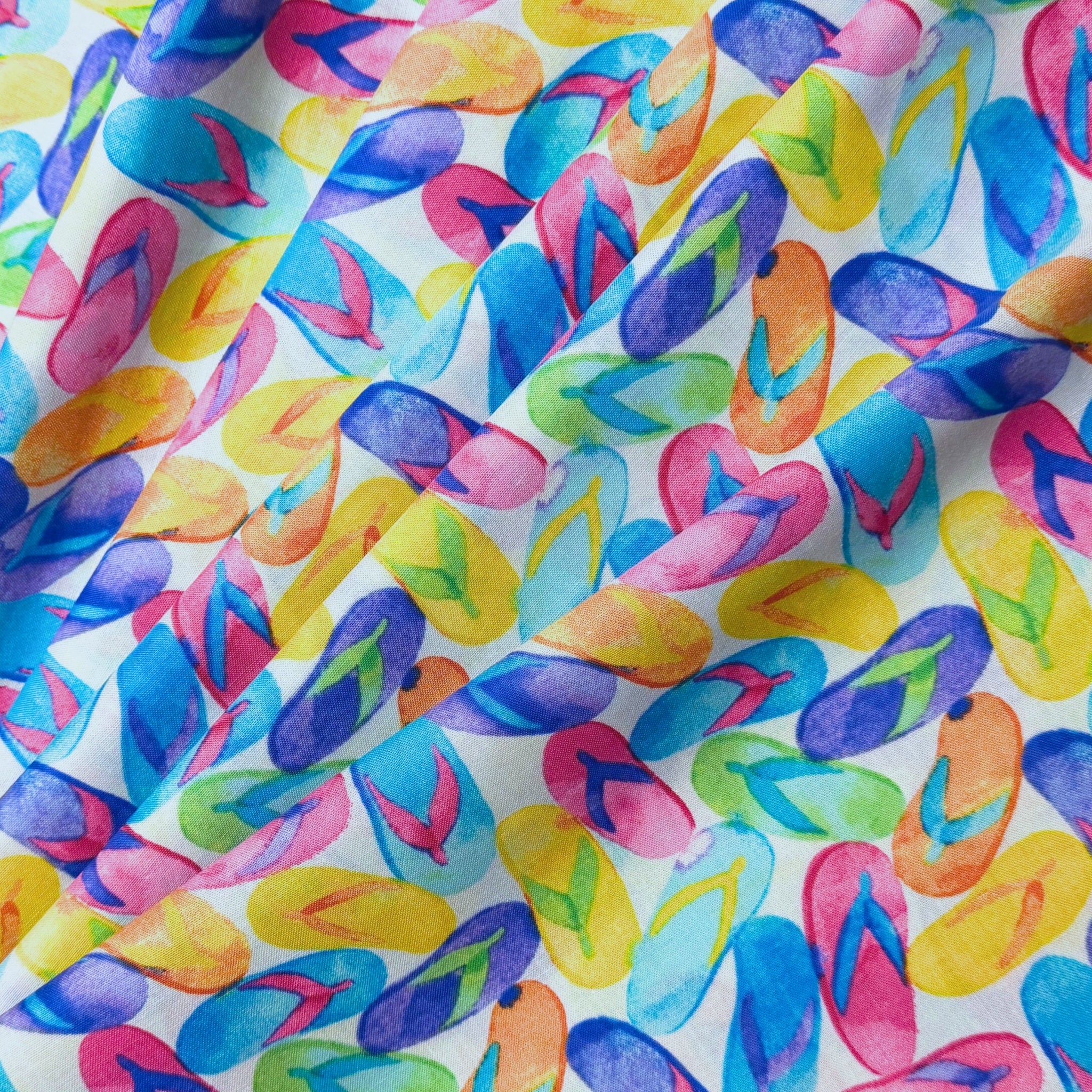 Watercolour flip flops tossed pink yellow blue purple orange green light aqua fabric draped detail novelty beach quilts tote bags