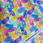Watercolour flip flops tossed pink yellow blue purple orange green light aqua fabric selvedge detail novelty beach quilts tote bags