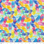 Watercolour flip flops tossed pink yellow blue purple orange green light aqua background novelty beach quilts tote bags summer sewing