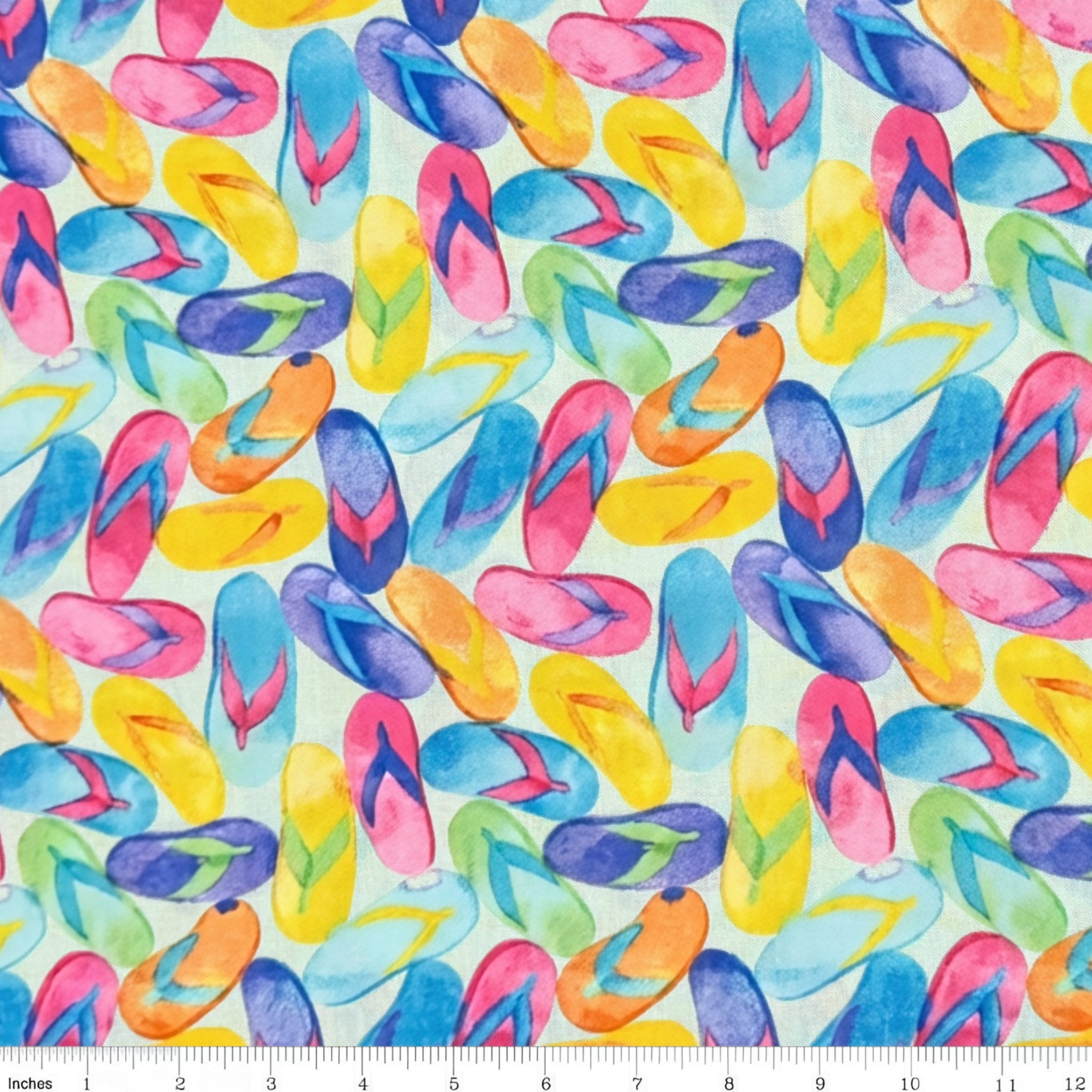 Watercolour flip flops tossed pink yellow blue purple orange green light aqua background novelty beach quilts tote bags summer sewing