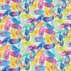 Watercolour flip flops tossed pink yellow blue purple orange green light aqua background novelty beach quilts tote bags summer sewing