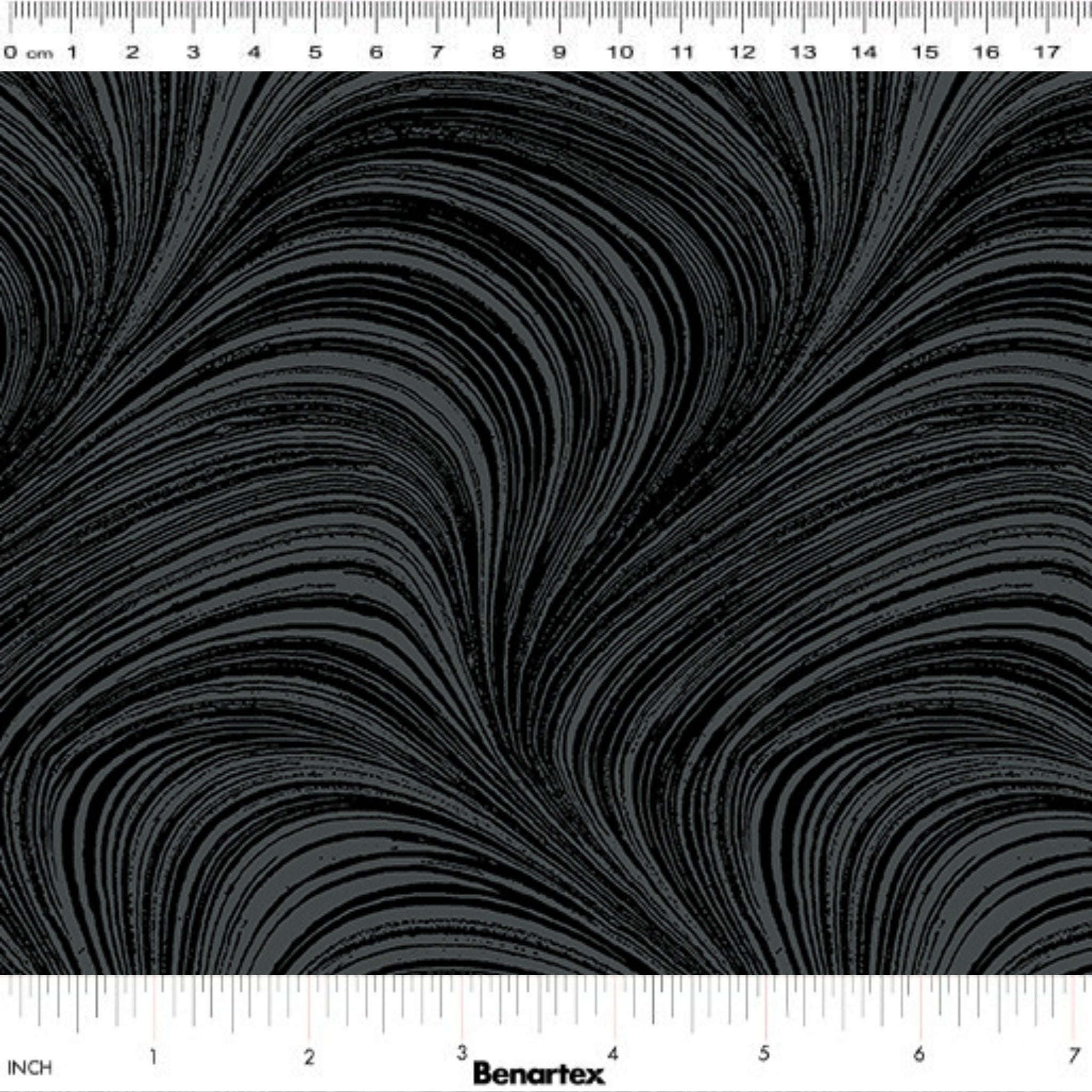 Tonal black fabric with an all-over wave and brushstroke pattern, perfect as a quilt blender