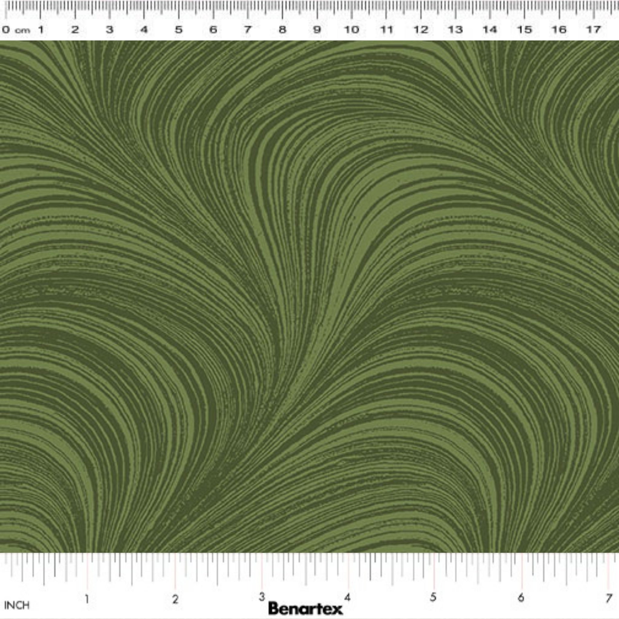 Tonal medium green fabric with an all-over wave and brushstroke pattern, perfect as a quilt blender