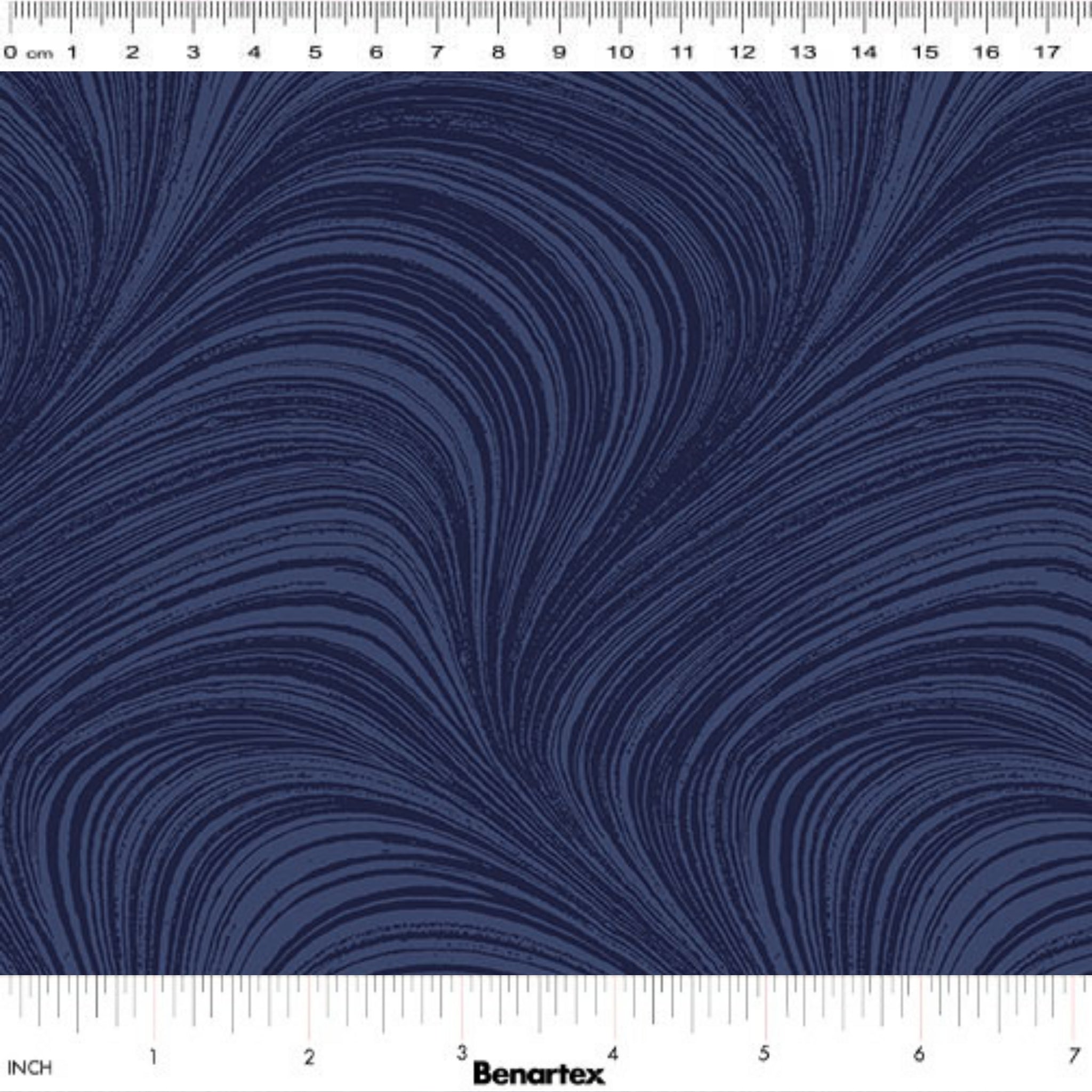 Tonal navy blue fabric with an all-over wave and brushstroke pattern, perfect as a quilt blender