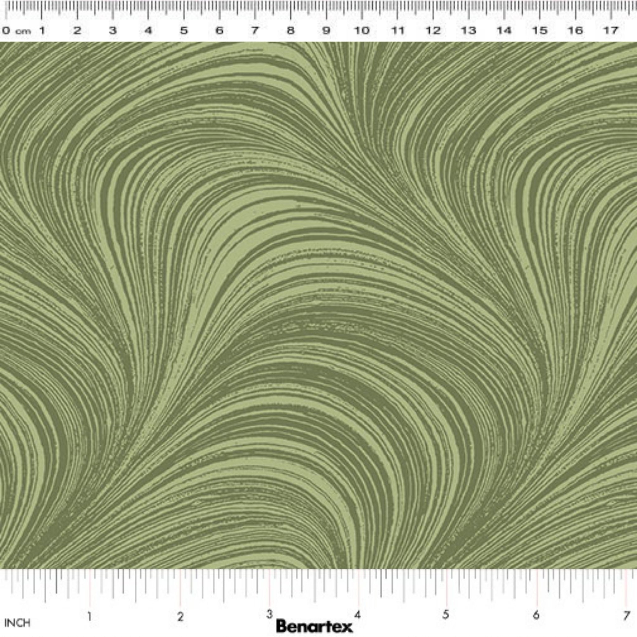 Tonal sage green fabric with an all-over wave and brushstroke pattern, perfect as a quilt blender