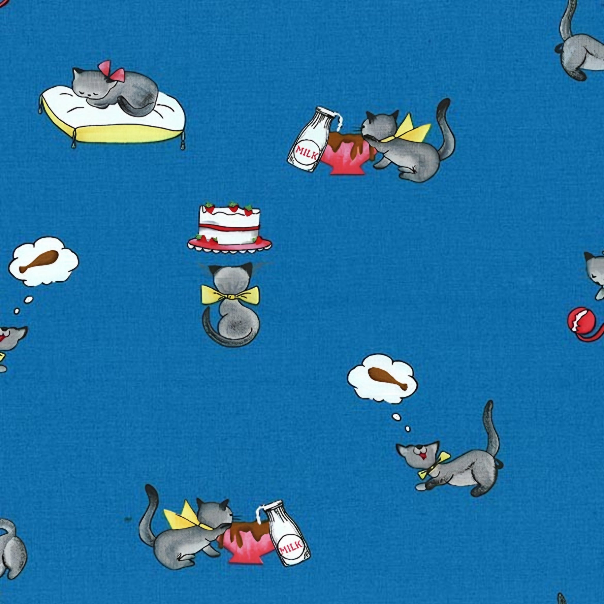 Novelty tabby cat milk bottle cake blue fabric for children's quilts kids bags and cat lover gifts