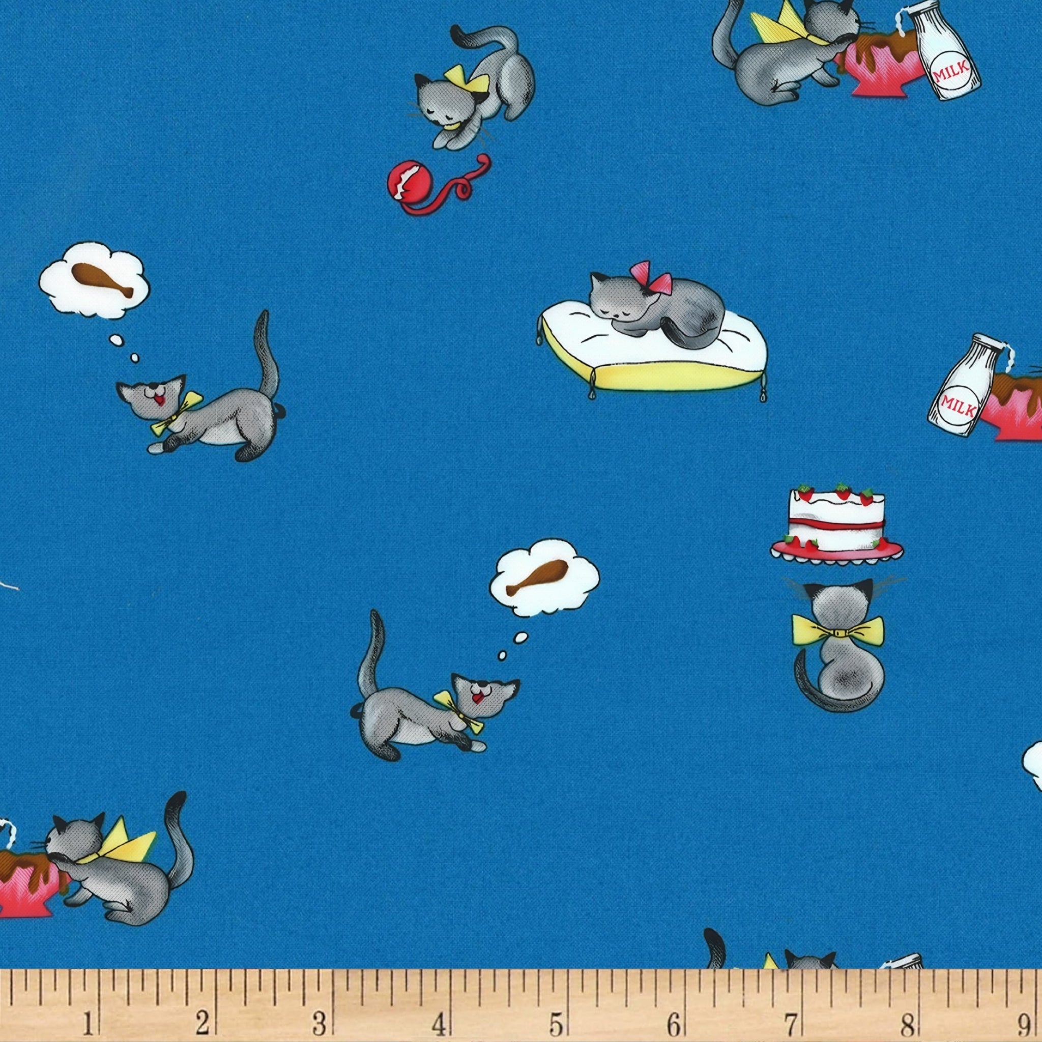 Novelty tabby cat milk bottle cake blue fabric for children's quilts kids bags and cat lover gifts
