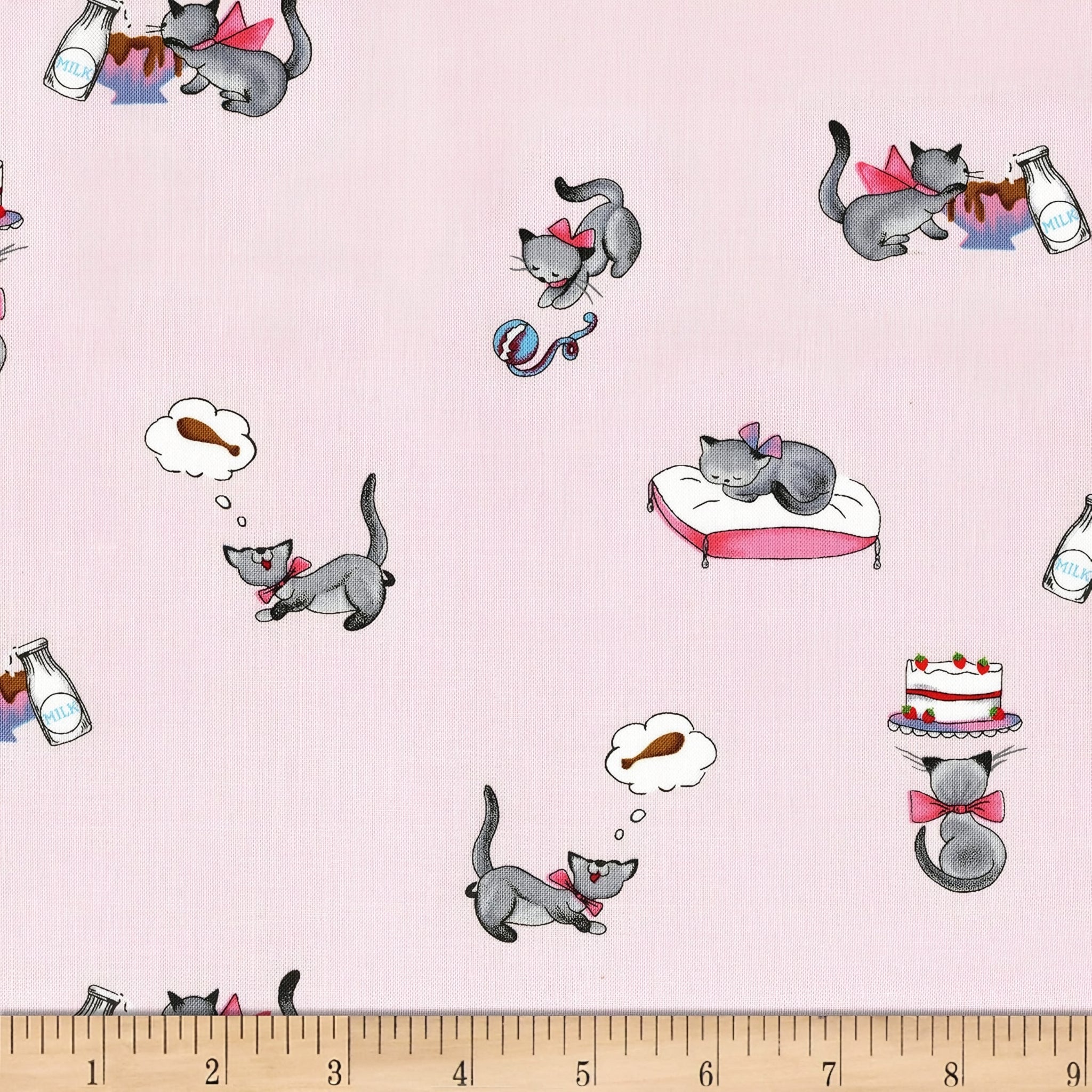 Novelty tabby cat milk bottle cake pink fabric for children's quilts kids bags and cat lover gifts