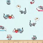 Novelty tabby cat milk bottle cake sky blue fabric for children's quilts kids bags and cat lover gifts