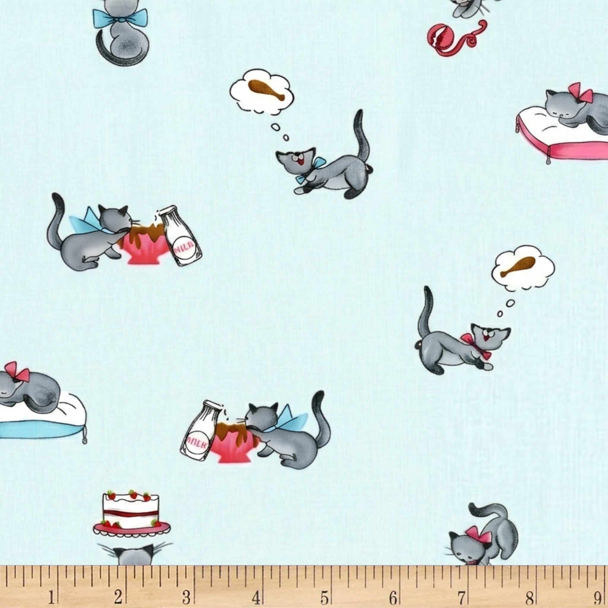 Novelty tabby cat milk bottle cake sky blue fabric for children's quilts kids bags and cat lover gifts